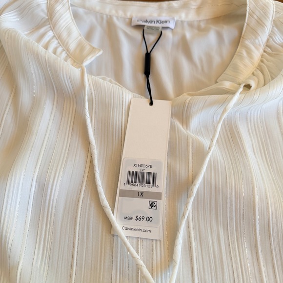 Calvin Klein White Stripe Ruffle Lightweight Sleeveless blouse - Picture 4 of 8